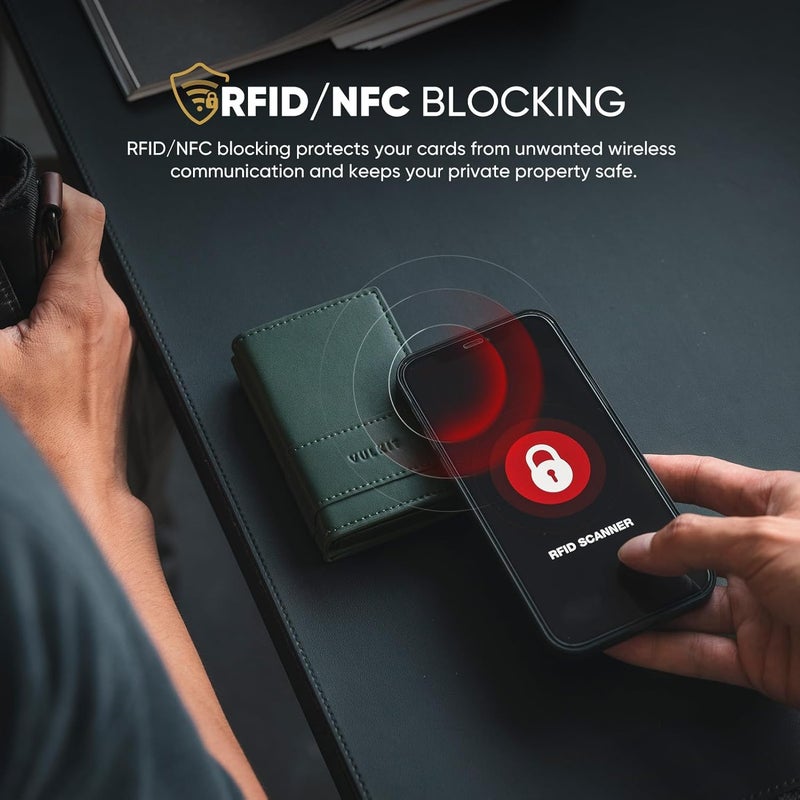 VULKIT حامل بطاقات محفظة جلدية قابلة للطي للرجال مع حماية RFID، علبة بطاقات معدنية، تحمل 9 بطاقات ونقود خضراء - Image 5